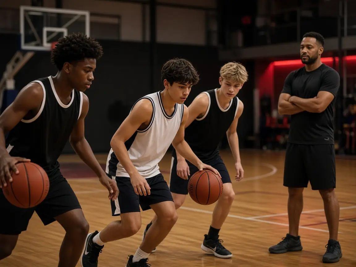 Diverse young basketball athletes in SG Elite Foundations training
